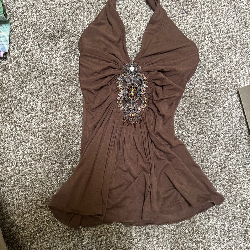 Sky Brown Embellished Tank Top